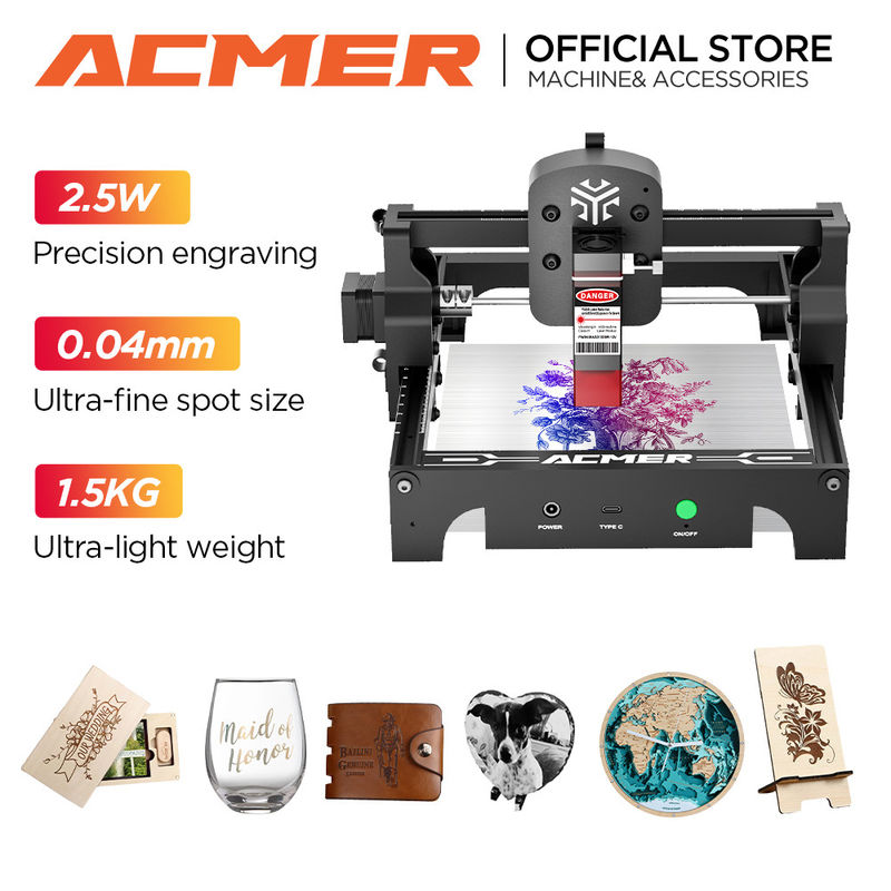 ACMER S1 Mini Portable Machine de gravure au laser 0,04 * 0,04 mm Taille de la tache pour le bois en acier inoxydable
